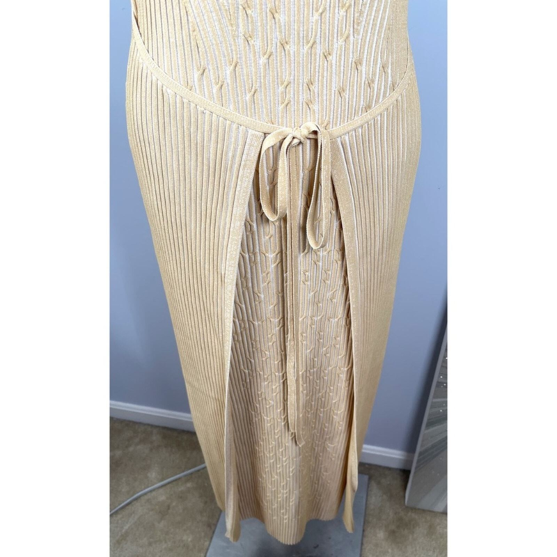 NWT Cult Gaia Knitted Liora Front Wrap Midi Dress in Off White Sand Size Large