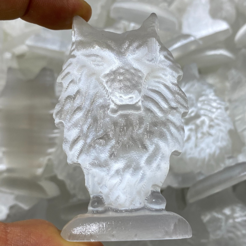 2"+Natural Gypsum Selenite  Wolf  Hand Carved Quartz Crystal Reiki healing 1PC