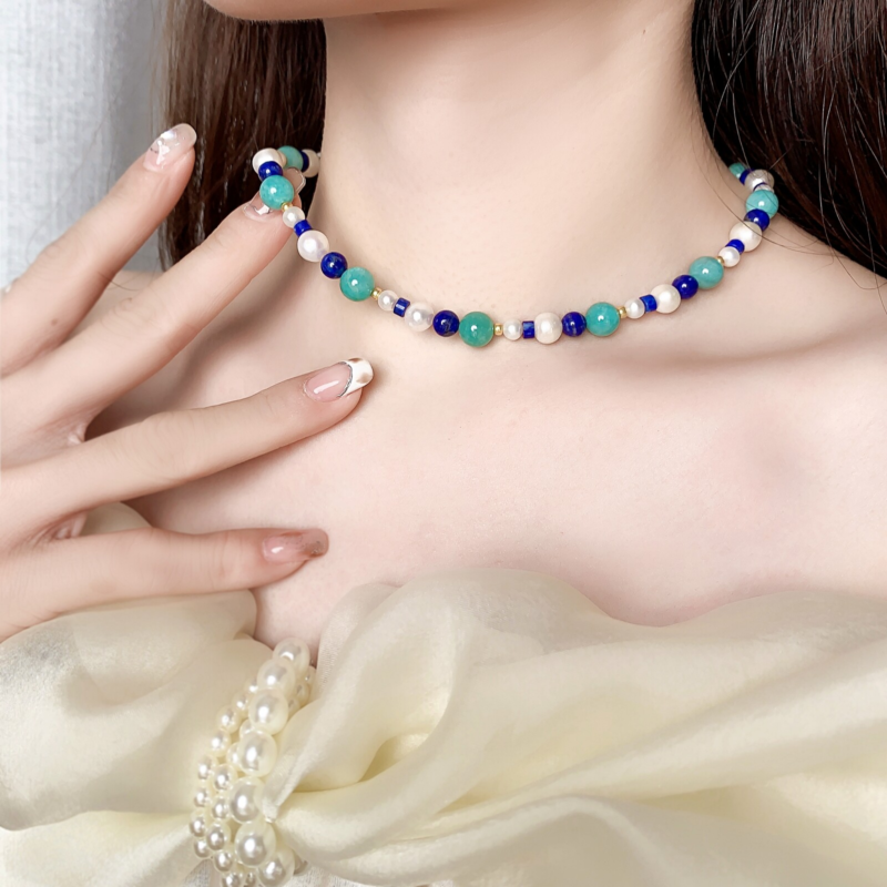 Natural Amazonite Lapis Lazuli Pearl Stone Crystal Handmade Blue Choker Necklace