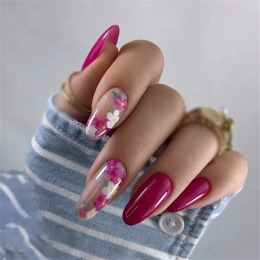 Retro Flowers False Nail Short Almond Autumn Press on Nails for Nail Art 24pcs