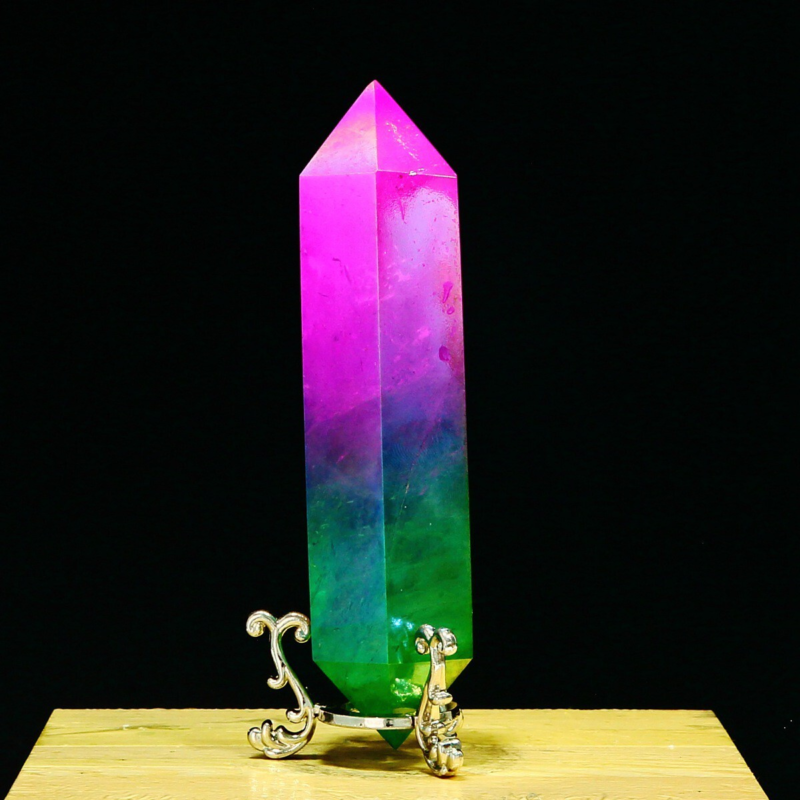 278g Natural Crystal Electroplated Rainbow Quartz Tower Double Wand Point Reiki