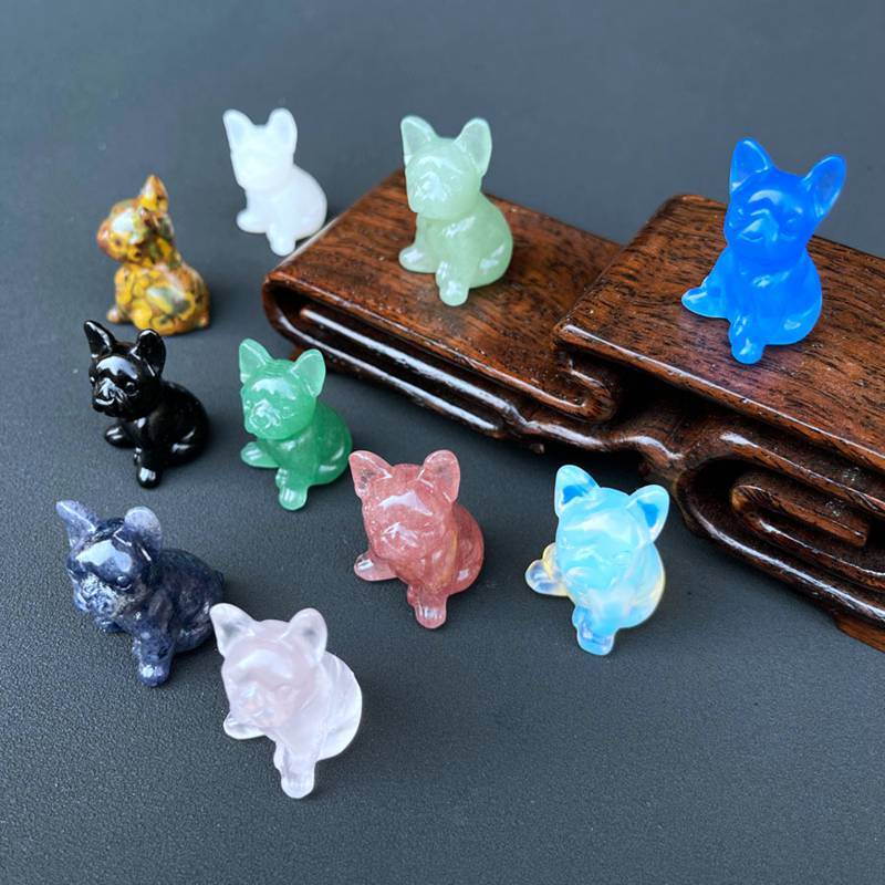 Natural Quartz Crystal Carved Rough Stone French Bulldog Healing Animal Decor
