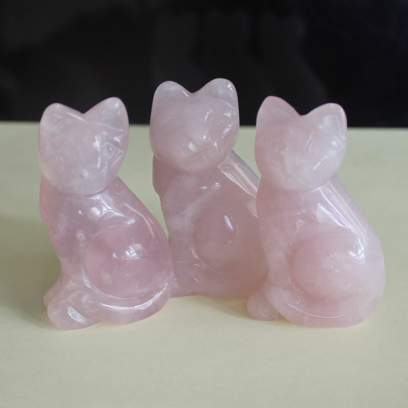 Carved mixed gemstone quartz crystal cat figurine animal carving home decor 2''