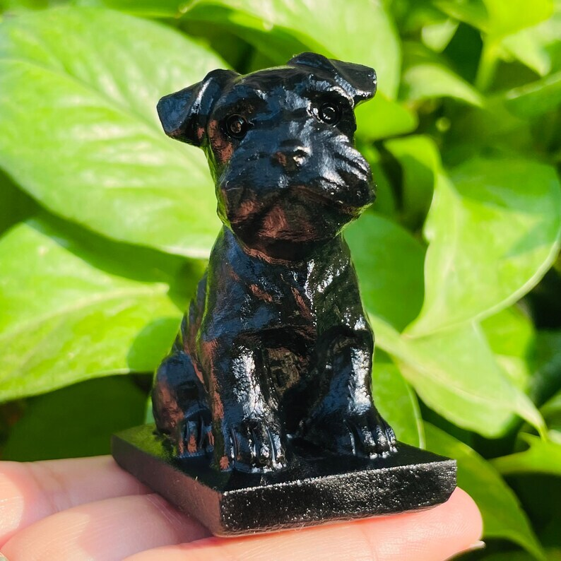 1pc Natural Obsidian Schnauzer Hand Carved Crystal Animal Decoration Reiki Heal