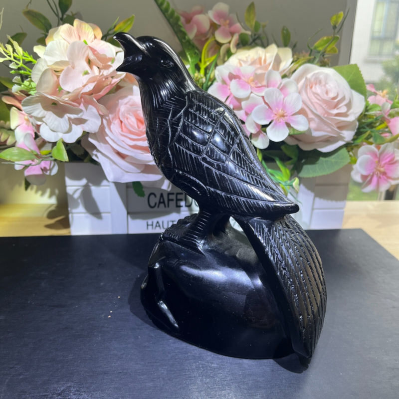3.2LB 7" Natural Black Obsidian Crow Raven Skull Quartz Crystal Bird Carving