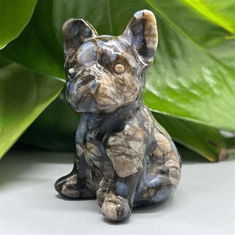 Natural Quartz Crystal Carved Rough Stone French Bulldog Healing Animal Decor