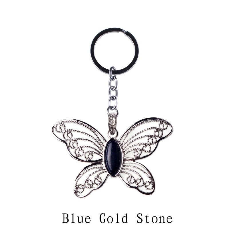 Healing Natural Stone Stainless Steel Butterfly Pendant Keychain for Women Men