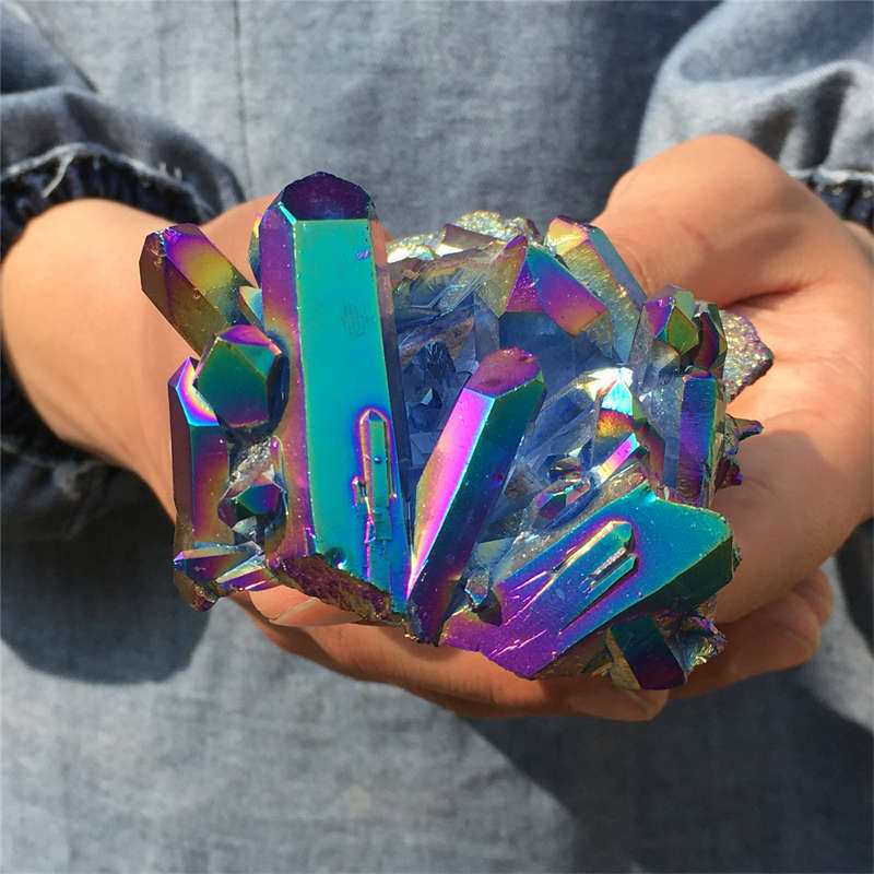 250g Electroplate Rainbow cluster quartz crystal mineral specimen reiki healing