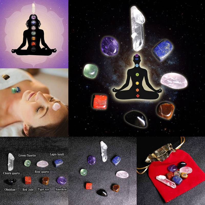 5Pcs 7 Chakra Healing Balance Crystal Raw Natural Quartz Tumbled Stones W/ Pouch