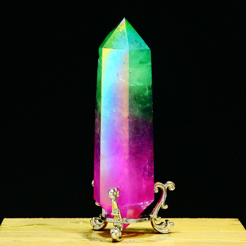 214g Natural Crystal Electroplated Rainbow Quartz Tower Double Wand Point Reiki