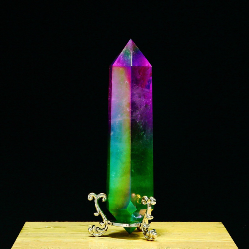 243g Natural Crystal Electroplated Rainbow Quartz Tower Double Wand Point Reiki