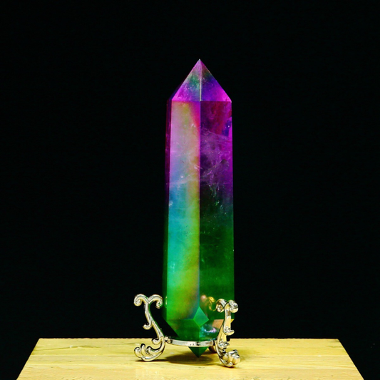 243g Natural Crystal Electroplated Rainbow Quartz Tower Double Wand Point Reiki