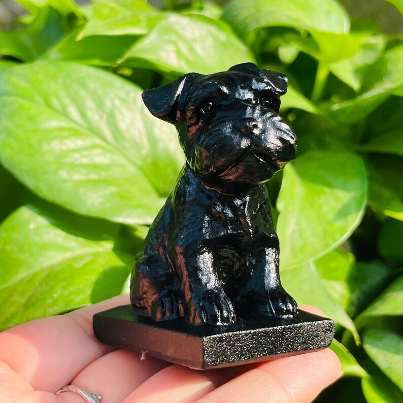 1pc Natural Obsidian Schnauzer Hand Carved Crystal Animal Decoration Reiki Heal