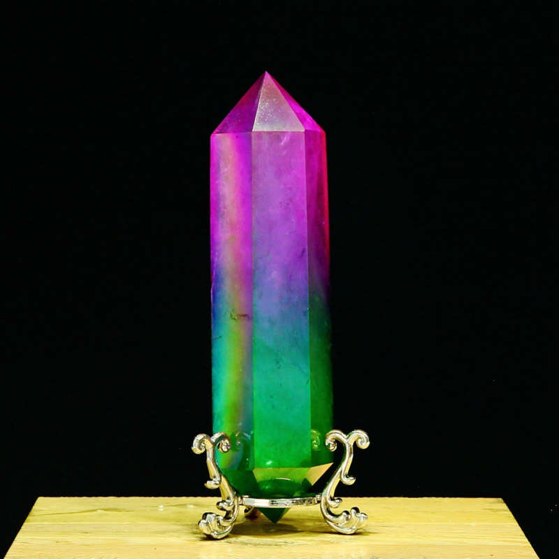 254g Natural Crystal Electroplated Rainbow Quartz Tower Double Wand Point Reiki