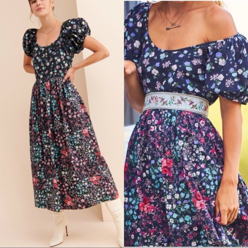 NWT LoveShackFancy Lais Floral Mixed Pattern Puff Sleeve Maxi Dress & Bow Size 4