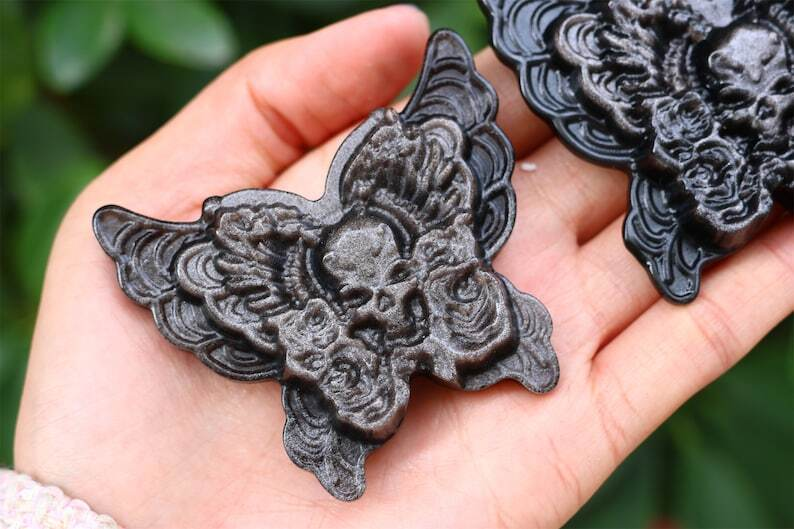 2.6" Natural Carved Silver Obsidian Butterfly Reiki Crystal Skull Decor gift 1PC