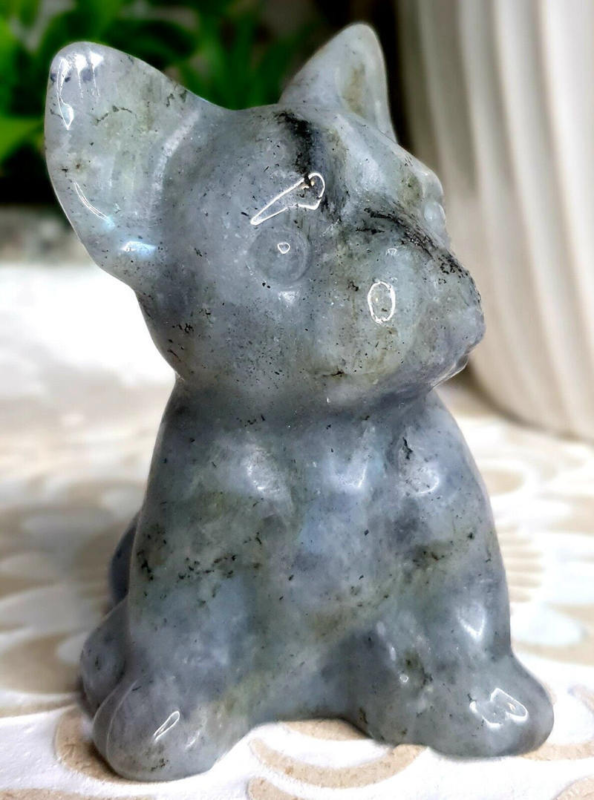 3cm Natural Quartz Crystal Carved Rough Stone French Bulldog Energy Animal Decor
