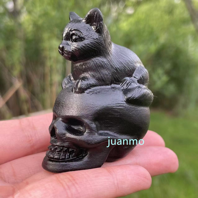 2"Natural obsidian quartz hand carved cat skull gift crystal reiki healing1pc