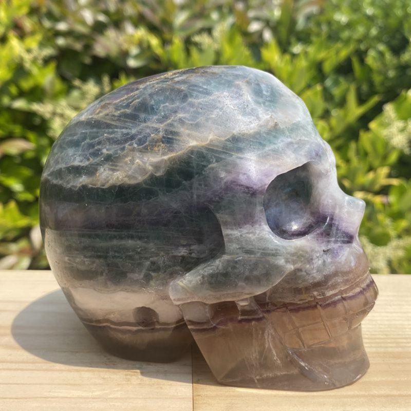 1257g Natural Beantiful Fluorite Quartz Skull Hand Carved Crystal Healing Skull