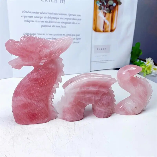 Natural Rose Quartz Swimming Dragon Crystal Handmade Carved Polished Animal