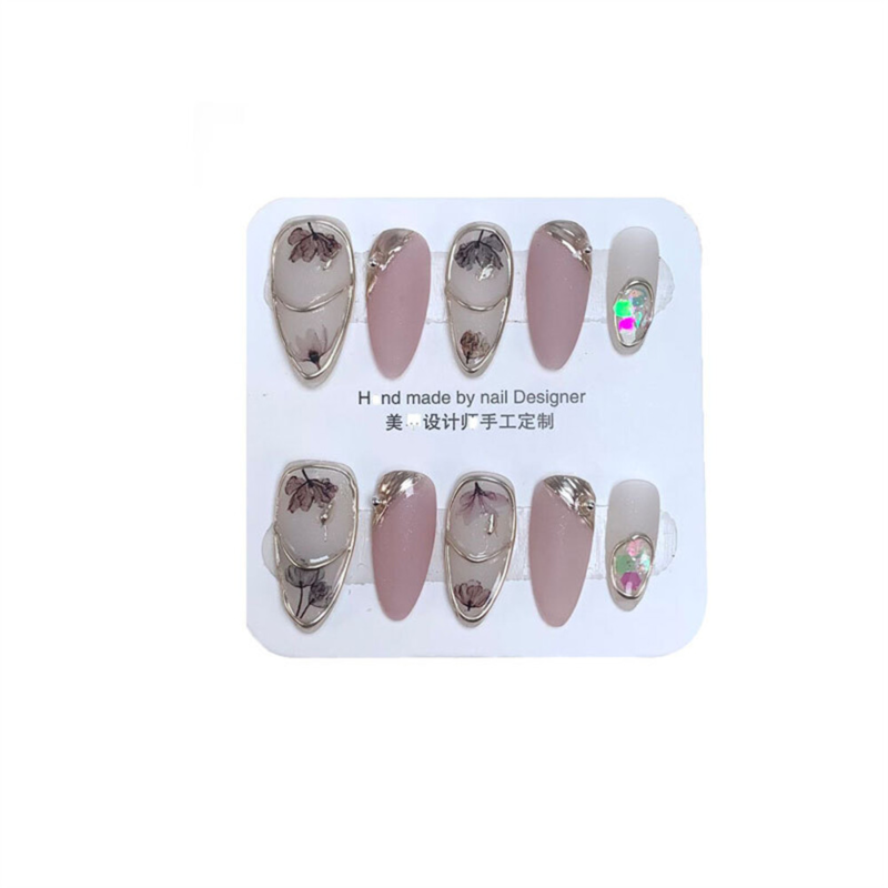 10PCS Handmade Fake Nail Dream Flowers Short Almond Press on Nails for Nail Art