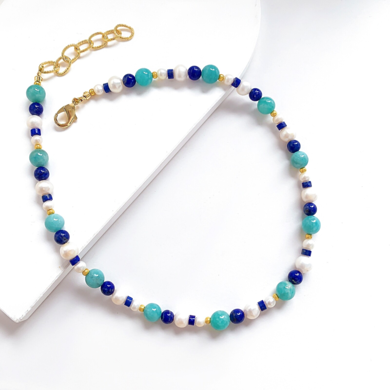 Natural Amazonite Lapis Lazuli Pearl Stone Crystal Handmade Blue Choker Necklace