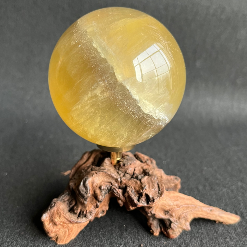 299G  Natural yellow fluorite quartz crystal ball sphere healing + Stand