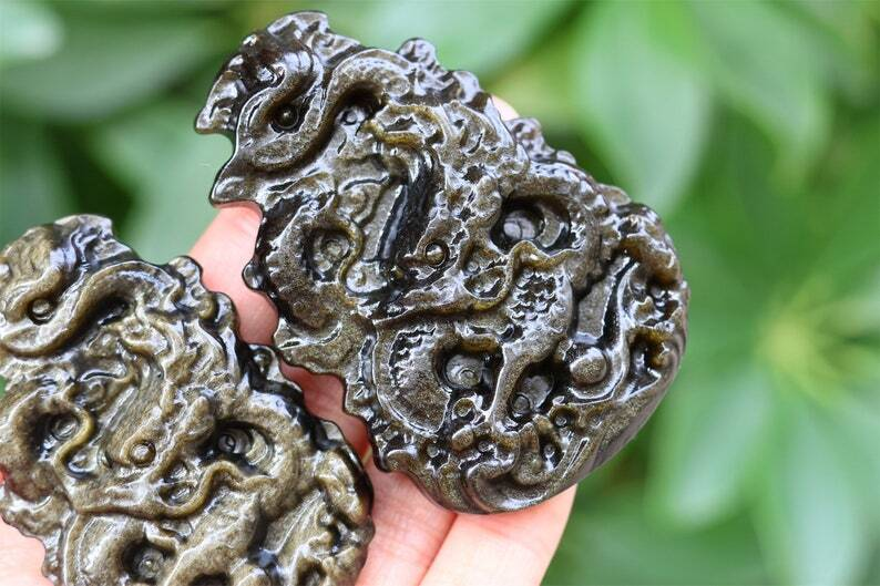 2.3" Natural Carved Gold Obsidian Dragon Reiki Crystal Skull Decor gift 1PC