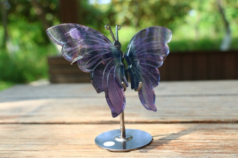 5.2'' A pair Natural Fluorite Butterfly Wing Reiki Crystal Skull Decor + Stand