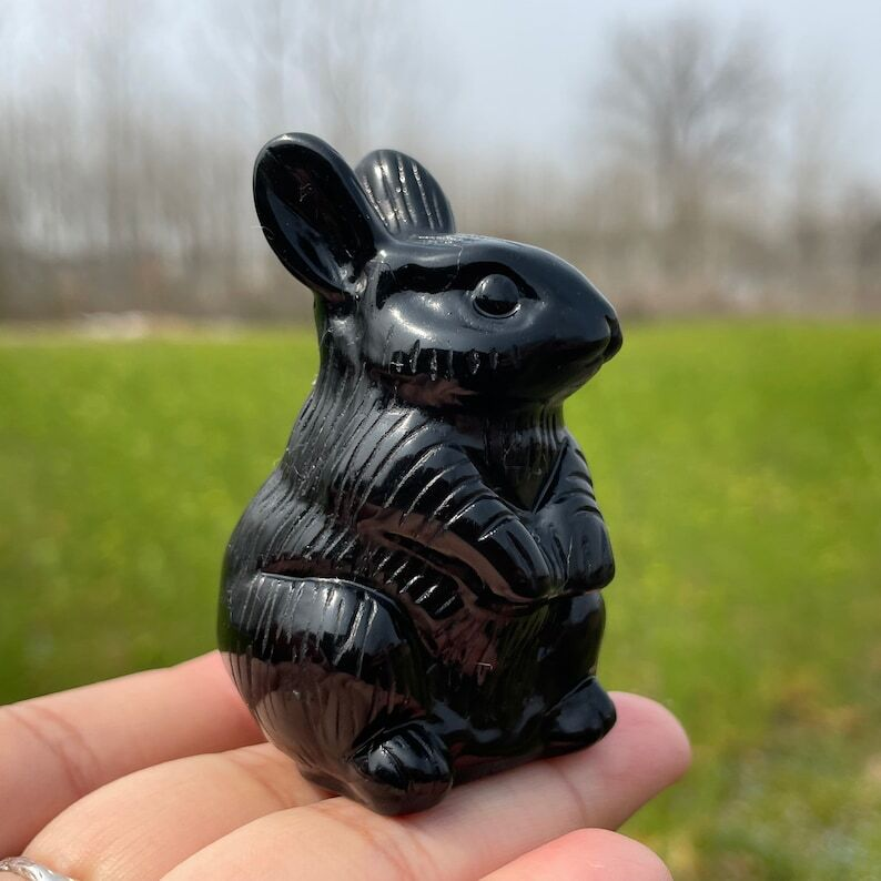 Natural Obsidian Rabbit Polishing Carved Crystal Animal Decoration Reiki Heal