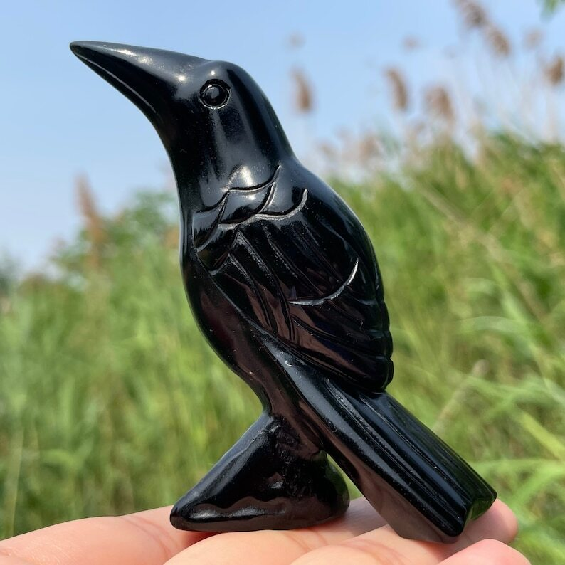 Natural Obsidian Crow Hand Carved Bird Crystal Animal Decoration Reiki Heal Gift