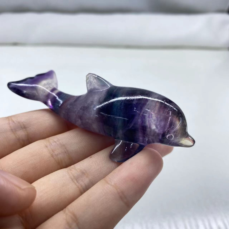 1PC Natural Fluorite Quartz Carved Crystal dolphin Skull Healing Reiki Gem Gift
