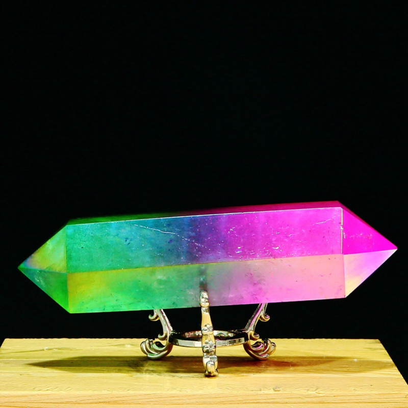 278g Natural Crystal Electroplated Rainbow Quartz Tower Double Wand Point Reiki
