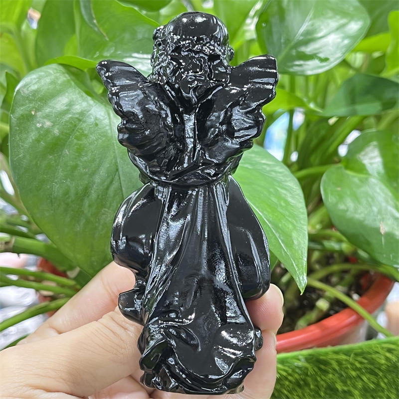 1pc Natural obsidian Angel girl hand carved Quartz Crystal stone skull Reiki Hea