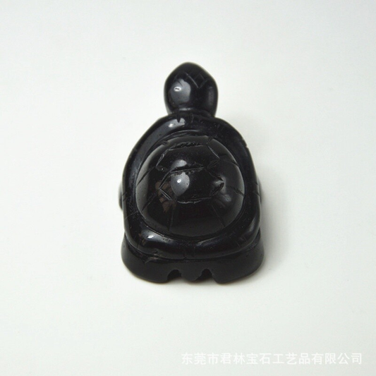 Natural Obsidian Quartz Carved Longevity Tortoise Crystal Animal Turtle Ornament