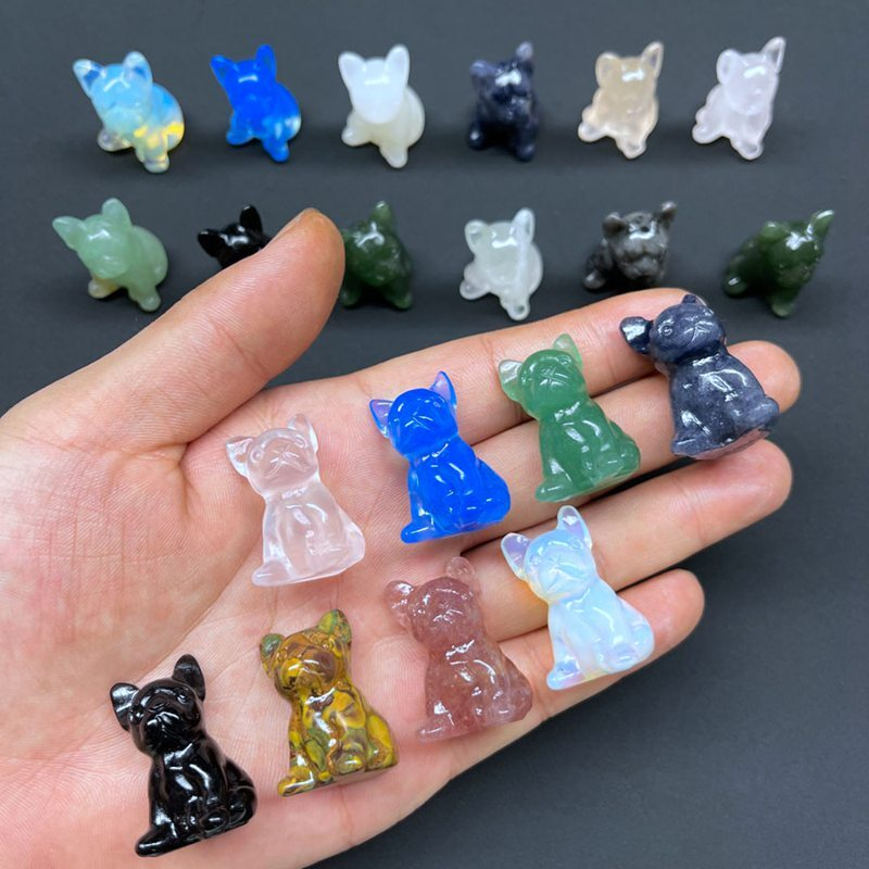 Natural Quartz Crystal Carved Rough Stone French Bulldog Healing Animal Decor