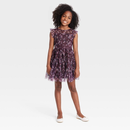 New Zenzi Girls' Floral Tiered Dress - Color Dark Brown  Size XXL