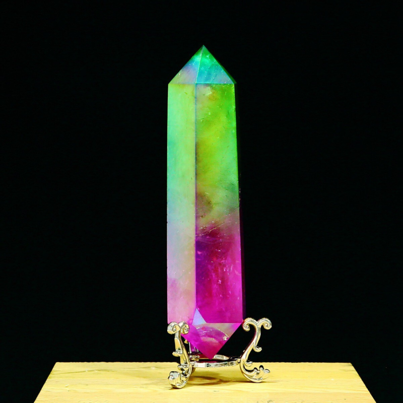 296g Natural Crystal Electroplated Rainbow Quartz Tower Double Wand Point Reiki