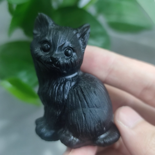 2.2'' Natural Crystal Cat Obsidian Hand Carving Animal Cat Figurine Sculpture