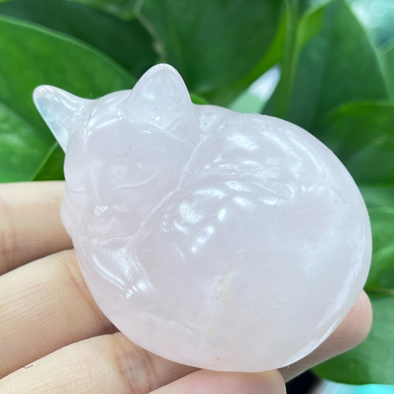 1pc Natural pink rose quartz Sleep cat carved quartz crystal animal skull 2"