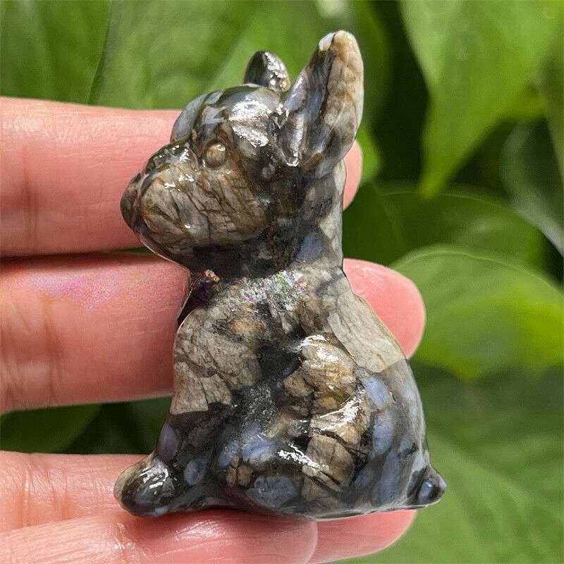 Natural Quartz Crystal Carved Rough Stone French Bulldog Healing Animal Decor
