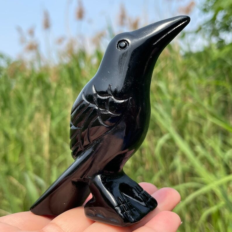 Natural Obsidian Crow Hand Carved Bird Crystal Animal Decoration Reiki Heal Gift