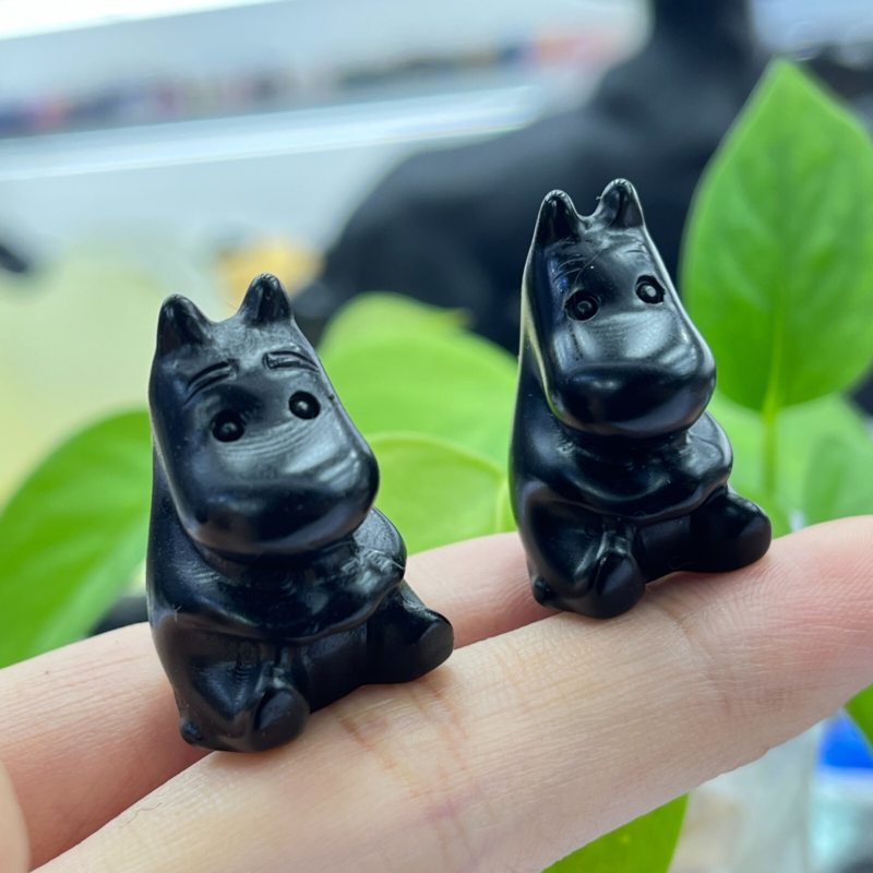 2pc Natural obsidian mini hippo carved quartz crystal animal skull reiki gift