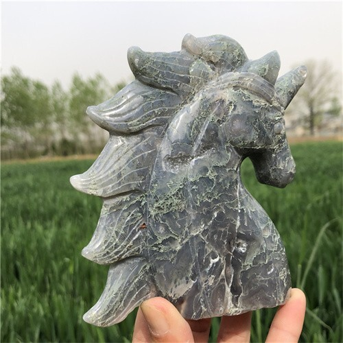 530g Natural Moss Agate Unicorn Carved Reiki Quartz Crystal Skull Figurines Crys