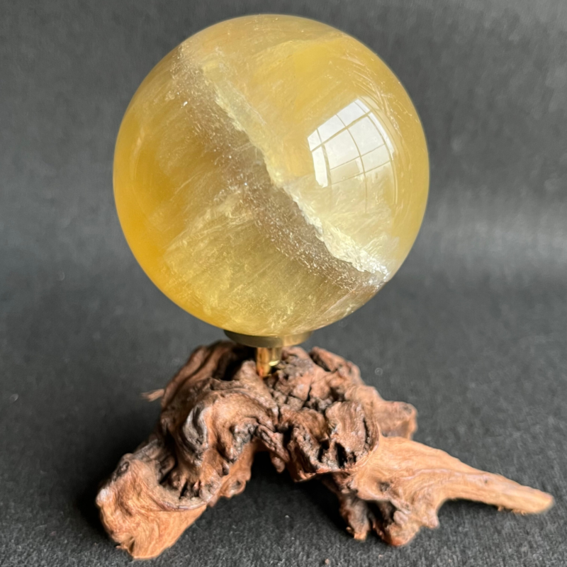 299G  Natural yellow fluorite quartz crystal ball sphere healing + Stand