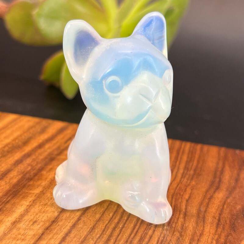 Natural Quartz Crystal Carved Rough Stone French Bulldog Healing Animal Decor