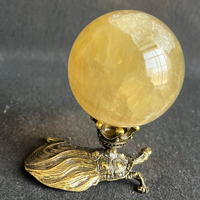 269G  Natural yellow fluorite quartz crystal ball sphere healing+stand