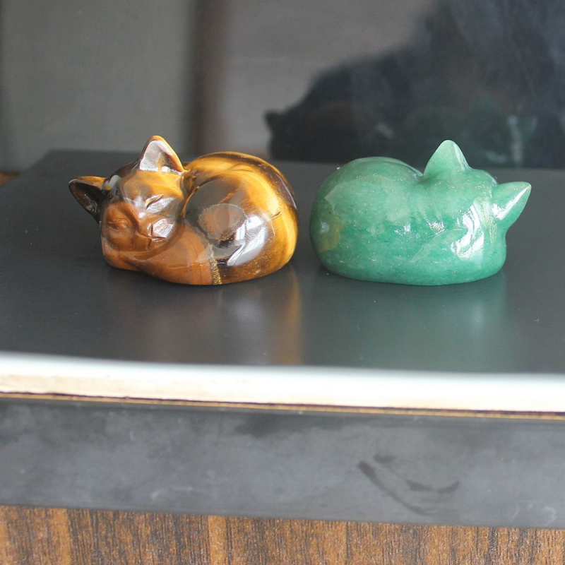 Carved crystal gemstone crystal sleeping cat figurine animal statue decor 2''