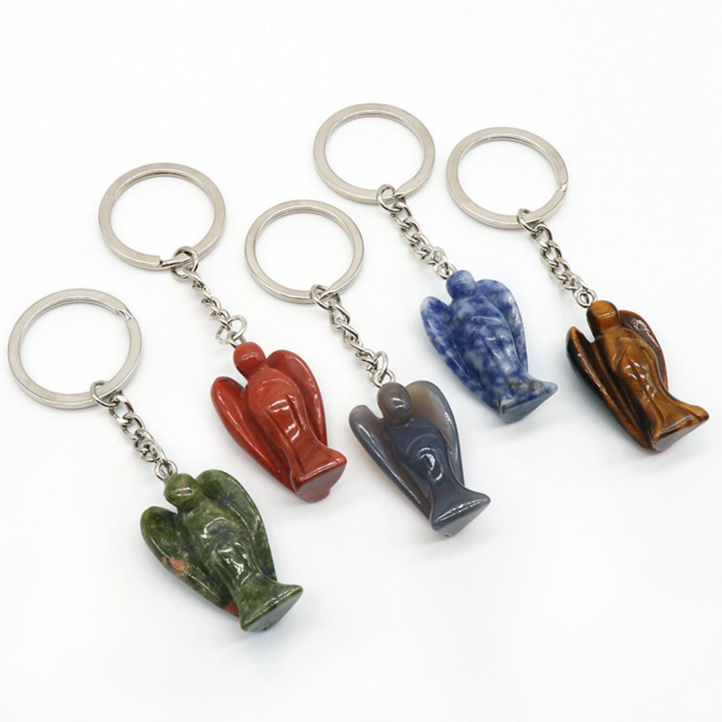 3PCS Healing Energy Gemstone Angel Key Fob Decorative Keychain for Women Men