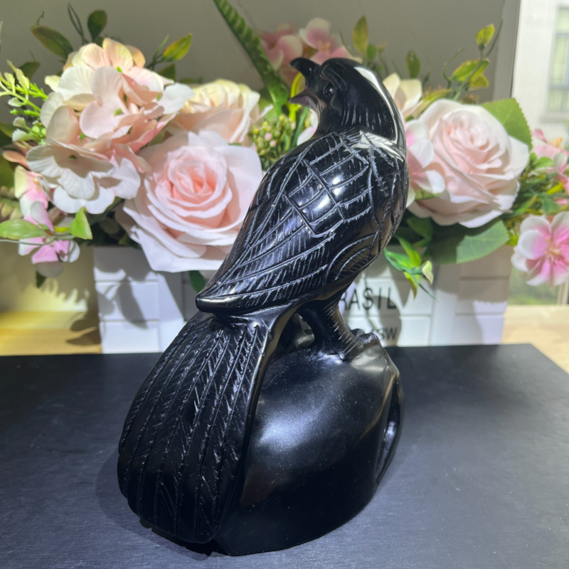 3.2LB 7" Natural Black Obsidian Crow Raven Skull Quartz Crystal Bird Carving